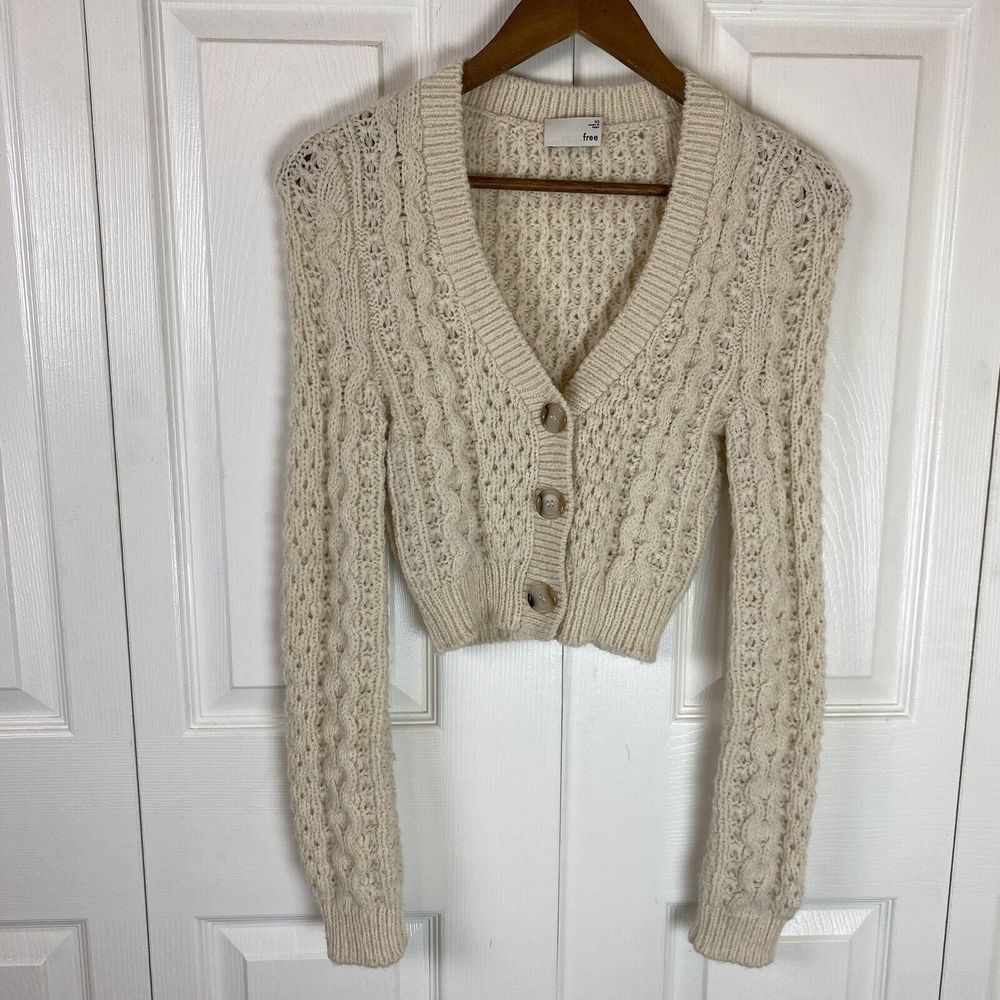 Wilfred Free XS Alpaca Wool Sweater Cardigan Cable Knit Crop Cropped White Cream